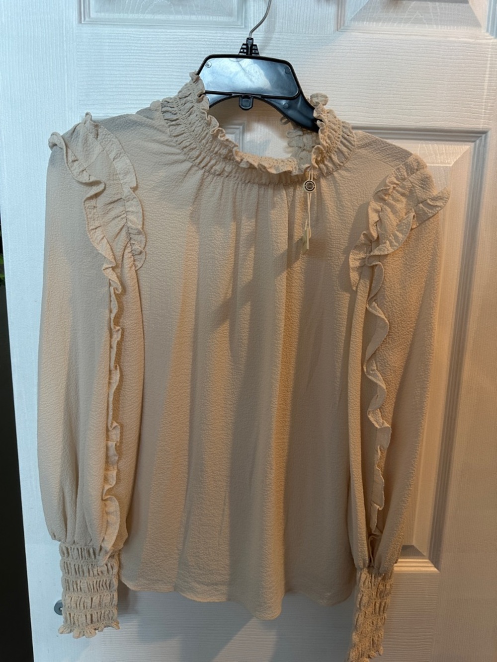 Nordstrom Cream Ruffle-Trim Smocked Neck Blouse